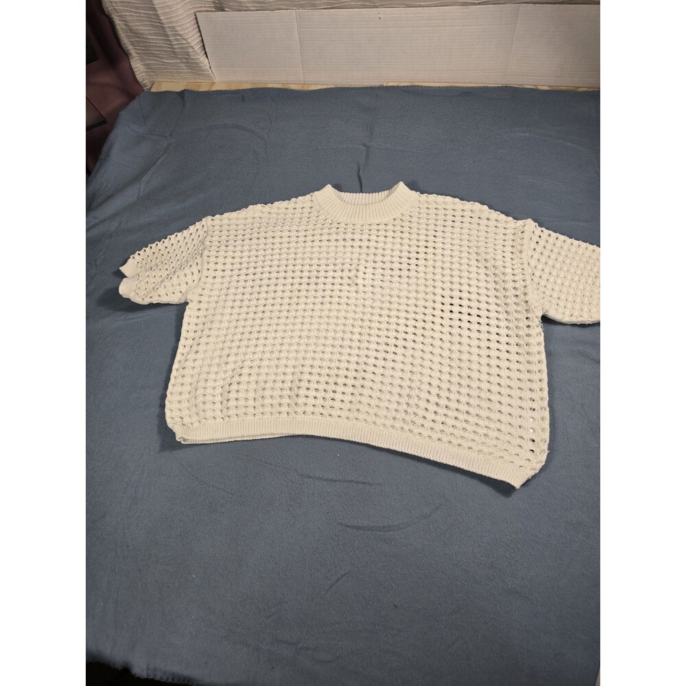 DR 2 Womens Open Knit Crochet Sweater Cream Ivory Short Sleeve Pointelle Xl